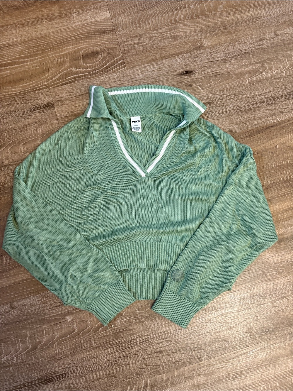 PINK Victoria's Secret Sage Green V-Neck Polo Sweater with White Trim